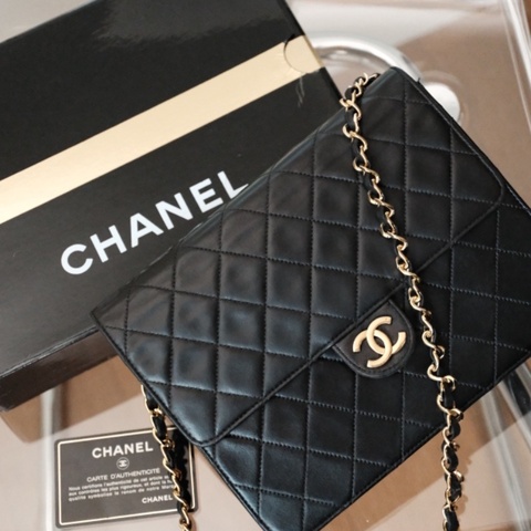Vintage Chanel 1990s 經典 24K金 黑金 雙C 小羊皮菱格紋鏈帶包 （附原廠雷射保卡、序號雷標、原廠盒裝）