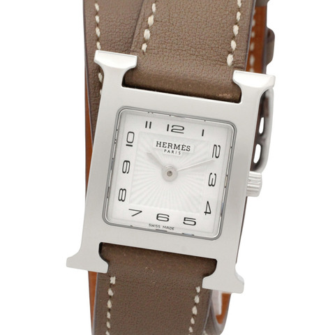 愛馬仕 H-Watch 雙圈腕錶，不鏽鋼錶殼，皮革錶帶，女士款，白色 (HH1.210)