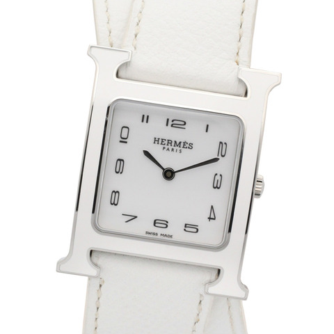 愛馬仕 H-Watch 雙圈腕錶，不鏽鋼錶殼，皮革錶帶，女士款，白色 (HH1.520)