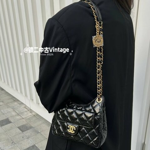 ✿ CHANEL  舊版 ❙ 小號 ❙ 黑色金釦油蠟皮hobo天貓肩側背包