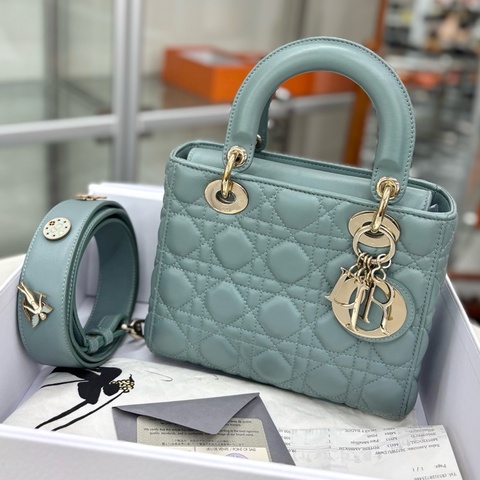 【近新閒置品】迪奧 Dior 徽章四格戴妃杏仁綠手提單肩斜挎包 17年票全套 五金膜還在