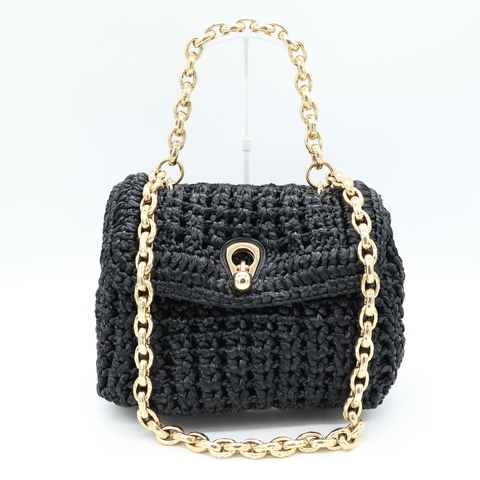 Ermanno Scervino 義大利高奢 黑色手工感編織包 復古 金屬雙鏈條 翻蓋 肩背包 腋下包