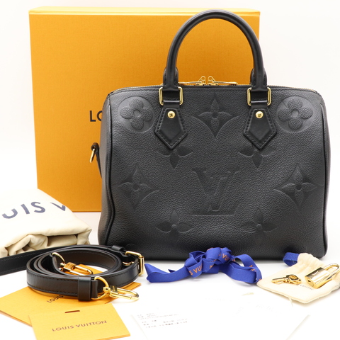 Louis Vuitton 路易威登 經典 Speedy 25 黑色 Empreinte 壓花小牛皮 雙手柄兩用波士頓包 枕頭包 (附皮革長肩帶)
