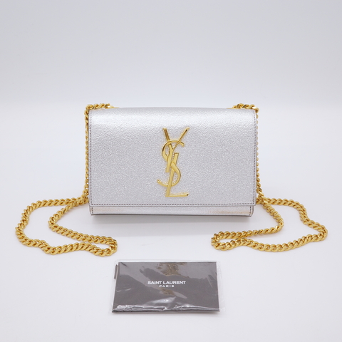 Saint Laurent 聖羅蘭 YSL Kate 小型 銀色亮面皮革 金釦 鏈條包 斜挎包