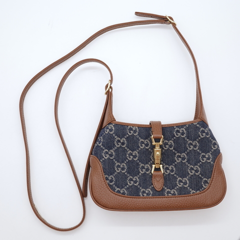 Gucci Jackie 1961 迷你 單寧牛仔 拼棕色牛皮 手袋 手提包 斜背包 兩用 背帶可拆