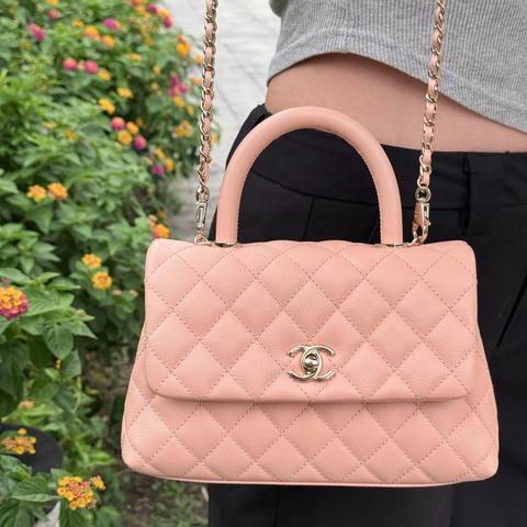 （近新閒置♥️）Chanel 香奈兒 Coco Handle 小型 蜜桃粉色 荔枝牛皮 手提包 斜挎包 31 開