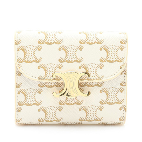 CELINE 賽琳 Triomphe Compact 三折短夾 白色帆布 棕色牛皮 10D782CQH 01TA