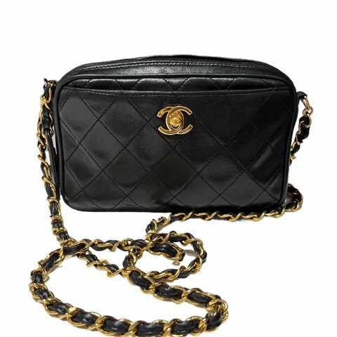 Chanel香奈兒黑金菱格紋雙C扣相機鏈條包