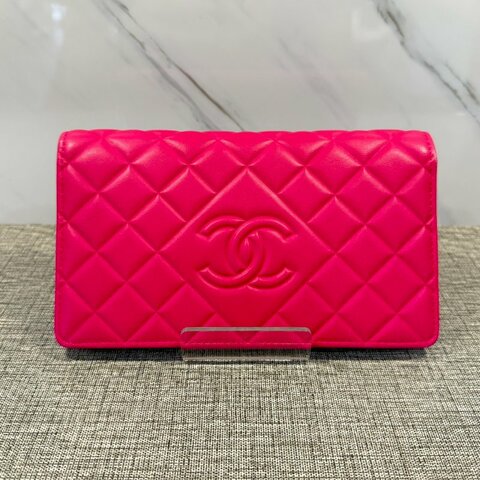 CHANEL 牛皮格紋對開長夾 桃粉