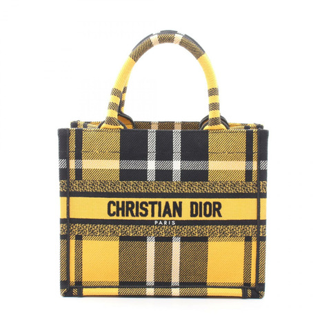 Christian Dior BOOK TOTE 小格紋帆布手提包 黃黑色 二手