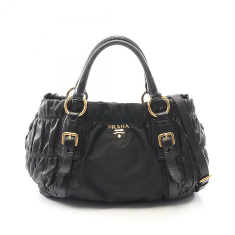 PRADA 褶皺雙肩托特包，尼龍皮革材質，黑色，金色五金，二手女款