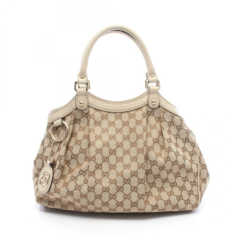 GUCCI Sukey 手提包 211944 帆布皮革 米色 棕色 白色 二手 女士