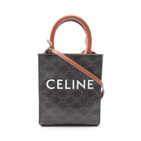 CELINE 迷你豎款 Cabas Triomphe 2WAY 手提包 194372 PVC 塗層帆布皮革 黑色 棕色 二手 女士