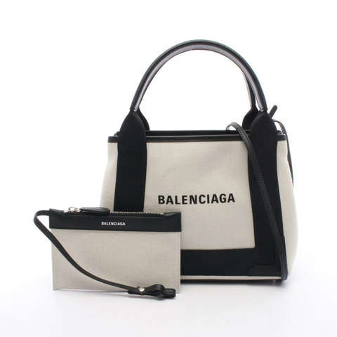 BALENCIAGA 海軍藍 Cabas XS 2WAY 手袋 帆布 皮革 米色 黑色 二手 女士
