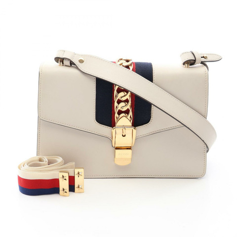 GUCCI Sylvie 小號 Web Line 單肩包 421882 皮革 白色 海軍藍 紅色 二手