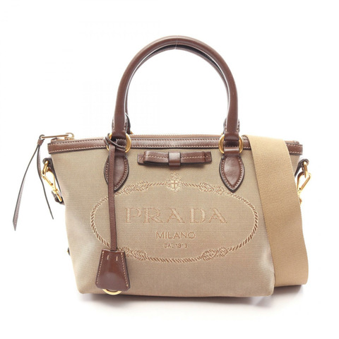 PRADA LOGO JACQUARD 肩挎斜背包 1BA111 帆布皮革 米棕色