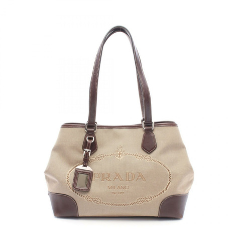 PRADA Logo 提花手提單肩包 BR3412 帆布皮革 米棕色 二手