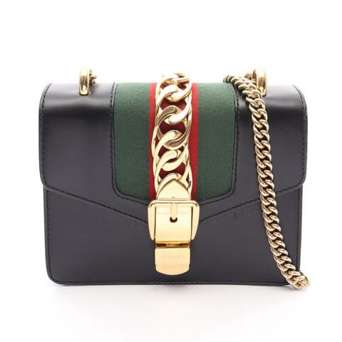GUCCI Sylvie Webline 鏈條斜背包 431666 皮革 黑色 紅色 二手