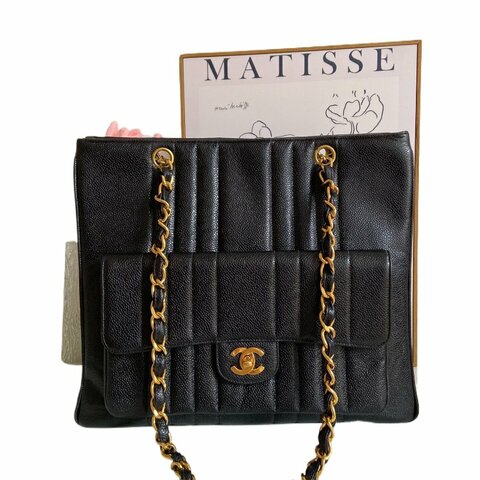 Chanel香奈兒魚子醬豎條紋雙C扣鏈條托特包