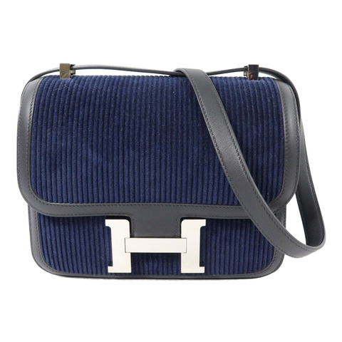 HERMES Velvet-Corduroy/Swif皮革Constance 24肩背袋Bleu Marine/Noir