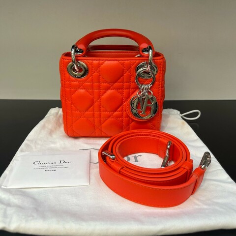 Christian Dior迪奧Lady Dior 三格橘紅色啞光小羊皮銀扣戴妃 成色全新