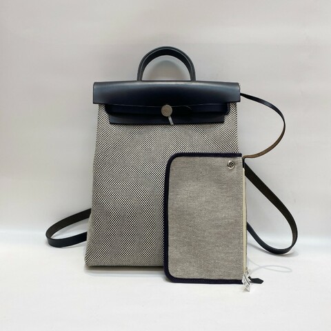 z刻Hermes爱马仕Herbag30黑白熊猫Zip a dos帆布拼藏蓝色皮双肩包33*30*11