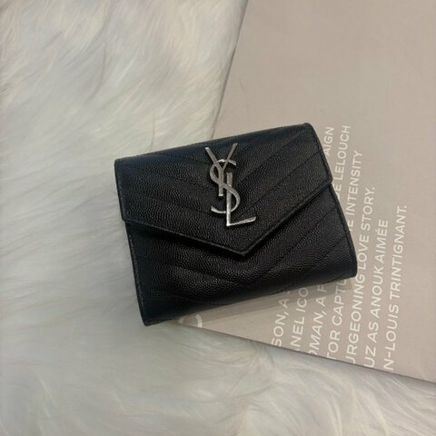 YSL 銀釦三折短夾 黑色
