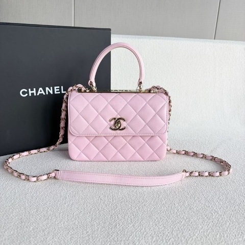 Chanel TrendyCC手提鏈條包 芯片款 小號 櫻花粉金扣 羊皮20*14*6 95新 配件塵袋