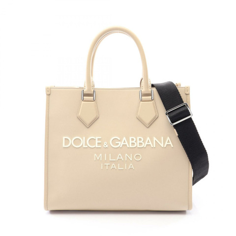 DOLCE & GABBANA Logo 購物小號手提斜背包 尼龍皮革 米色 二手
