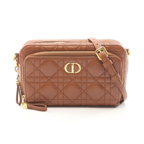 Christian Dior Caro 雙口袋 Cannage 肩背斜背包，棕色皮革
