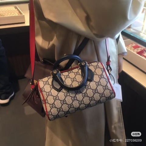 Gucci Ophidia系列拼色老花波士頓包， 經典老花Supreme帆布+藍皮提 19*11*9.5 9新 配件塵袋