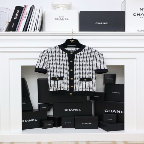 Chanel 97年秀款Jennie同款黑白千鸟格醋酸纤维短袖外套上衣