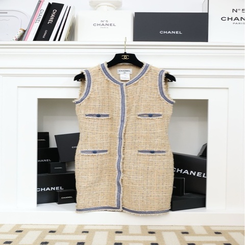 Chanel 09年丹宁牛仔蓝滚边亚麻四口袋马甲连衣裙背心外套