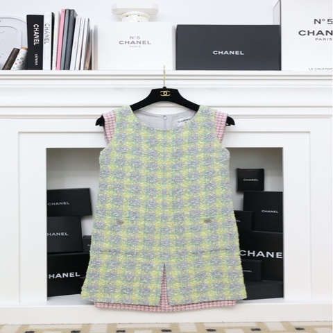 Chanel 14年绿色格纹粗花呢无袖连衣裙