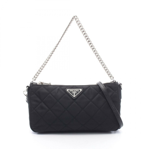 PRADA 絎縫雙肩鏈條手提包 1BH026 尼龍皮革 黑色 二手 女士