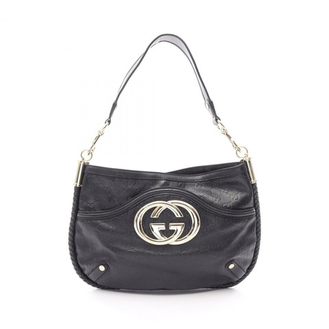 GUCCI Guccissima 雙G互扣式肩背包 167714 黑色皮革 二手 女士