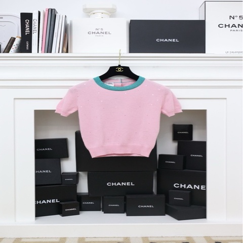 Chanel96年粉色亮片圆领针织短袖上衣