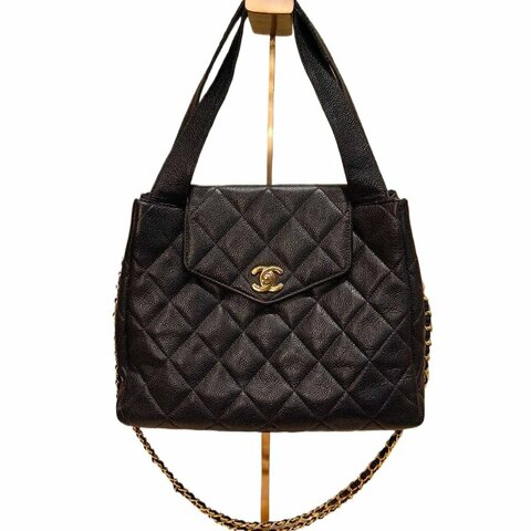 Chanel香奈兒黑金魚子醬雙C扣手提包