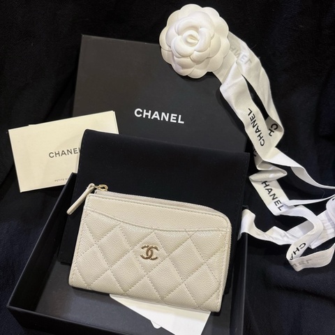 CHANEL 香奈兒CF菱格紋L型卡夾 零錢包 荔枝灰　晶片款
