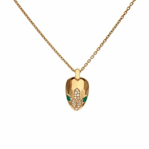 BVLGARI Serpenti系列蛇頭半鑽孔雀石項鏈18K玫瑰金/鑽石