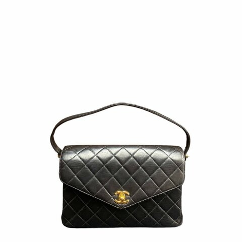 Chanel香奈兒黑金菱格紋雙C扣手提晚宴包