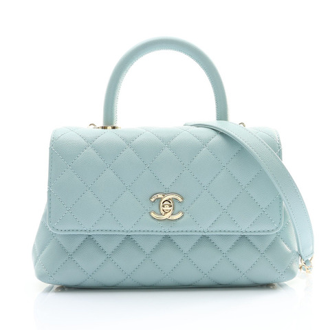 CHANEL 香奈兒 COCO Handle XS 肩背包 水藍色 荔枝紋 菱格紋牛皮 銀釦 A92990 A92990