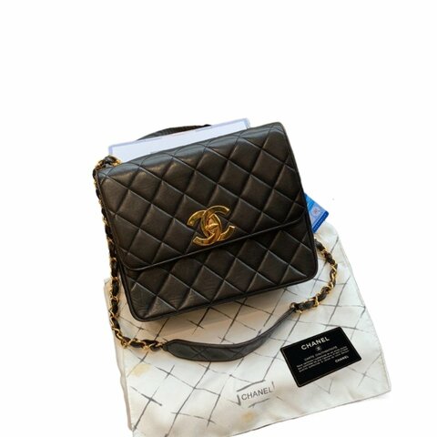 Chanel香奈兒黑金菱格紋大雙C扣方胖子鏈條包