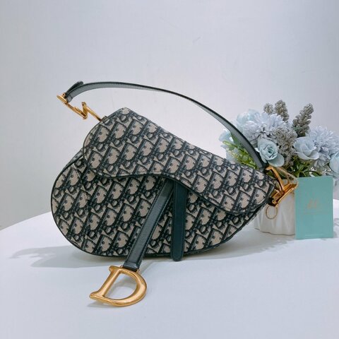 TW4933	Christian Dior迪奧深藍老花馬鞍包 Medium Saddle Handbag Oblique Canvas x Blue [Pre-Owned]