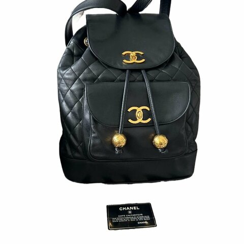 Chanel香奈兒黑金雙金球雙C扣菱格紋雙肩包