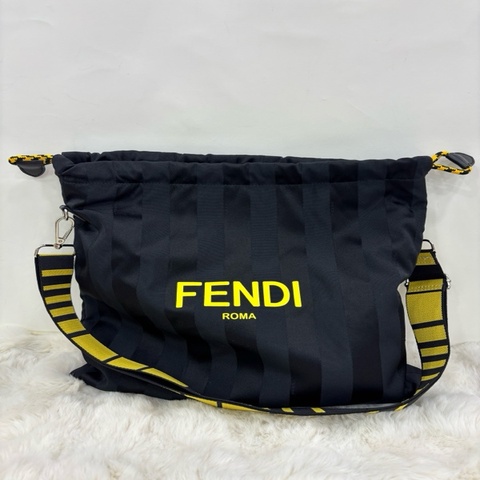 Fendi 芬迪黑色黃色字母logo條紋抽繩包
