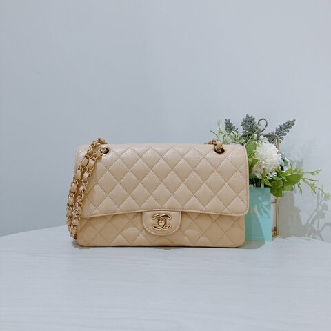TK2117	香奈兒經典翻蓋魚子醬牛皮 杏色 單肩包 Chanel Classic Double Flap Bag 25cm Caviar  Beige X GHW