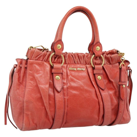 Miu Miu 側邊絲帶手提包 皮革 2way 橙色金色 Auth am12203V