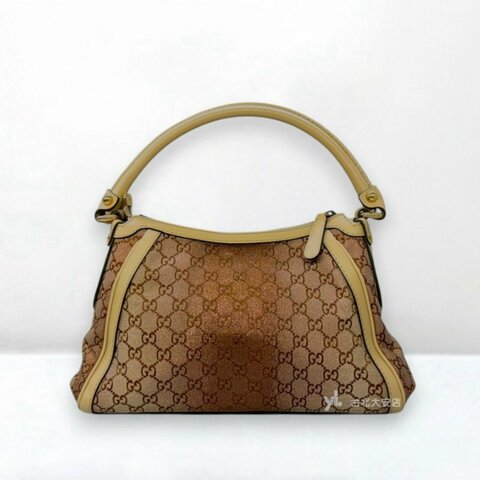 A13402-Gucci 緹花布金絲漸變拚米色牛皮小號腋下包 282298