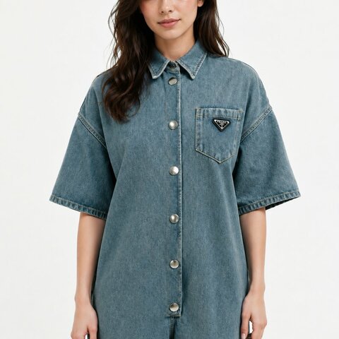38號 ::Prada:: 經典三角牌 水洗丹寧牛仔連身短褲 連身褲 連衣褲 2022 Medium Wash Denim Button Up Romper